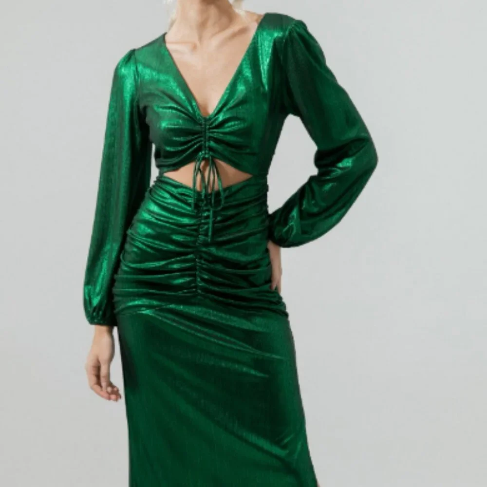 Sugarlips Cannes Liquid Satin Ruched Cut Out Green Midi Dress | Large